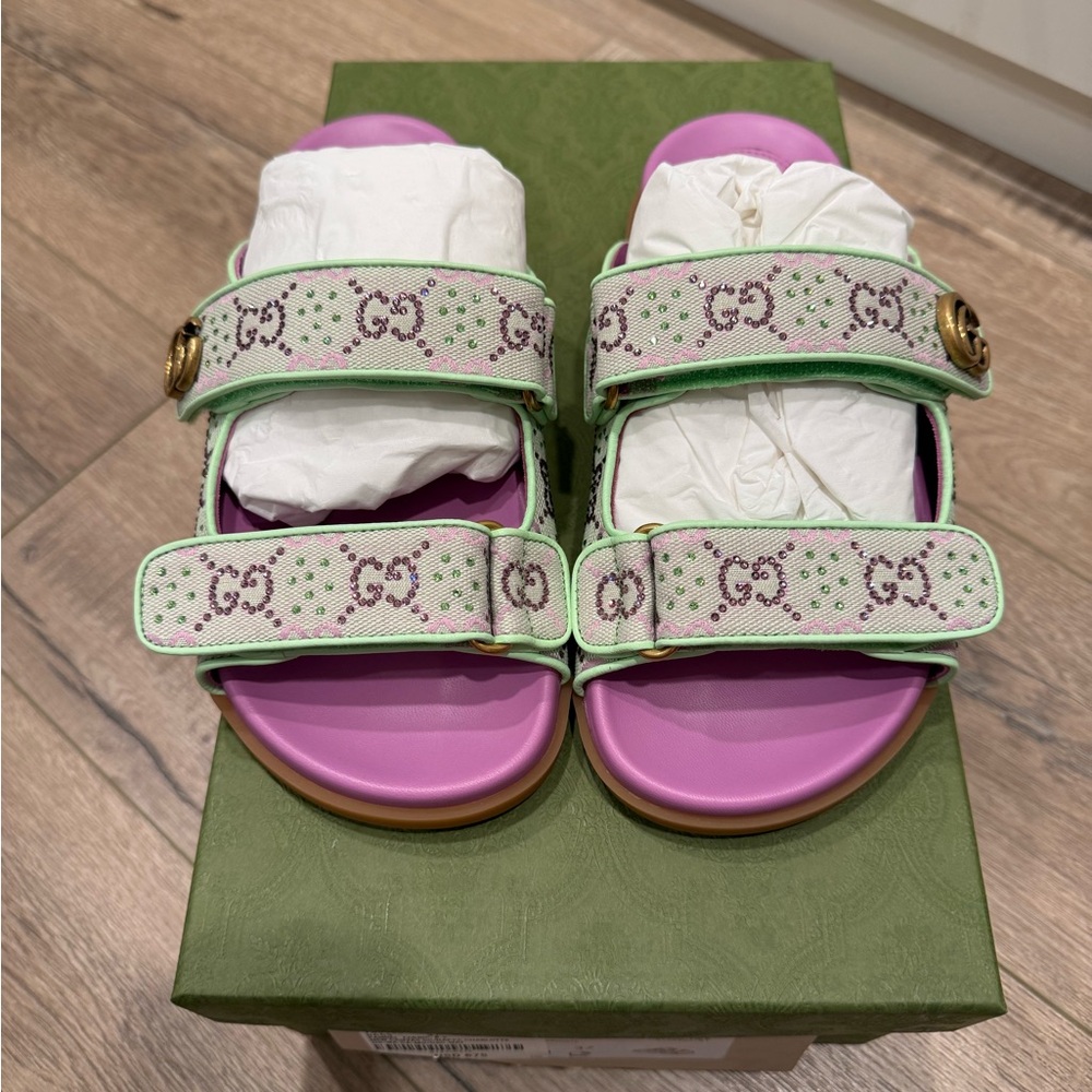 Gucci Pink and Green Sandals with Monogram Straps (FITS 7/7.5)